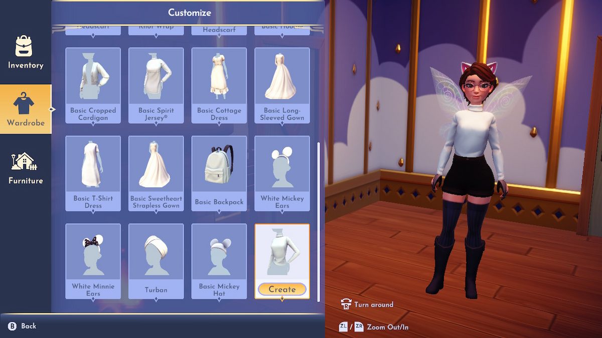 Screenshot of Disney Dreamlight Valley gameplay showing a fem-presenting avatar with short, brown hair, standing in their home. There's a menu open on the left showing the various clothing options for the Touch of Magic tool. The avatar is wearing a white turtleneck, ready to be customized.