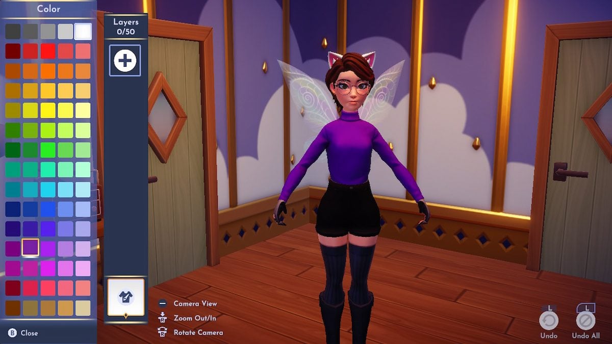 Screenshot of Disney Dreamlight Valley gameplay showing a fem-presenting avatar with short, brown hair, standing in their home. There's a menu open on the left showing the various color options for the Touch of Magic tool. The avatar is wearing a purple turtleneck, ready to be customized.