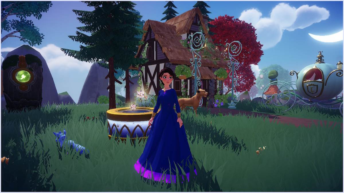 Screenshot of Disney Dreamlight Valley gameplay showing a fem-presenting avatar with short, brown hair, standing outside with a cottage-style house in the background near a sparkling low fireplace with stars floating above it. The avatar is wearing a custom blue dress with long sleeves. The wrists of the design are gold, and there's a purple trim at the bottom of the dress.