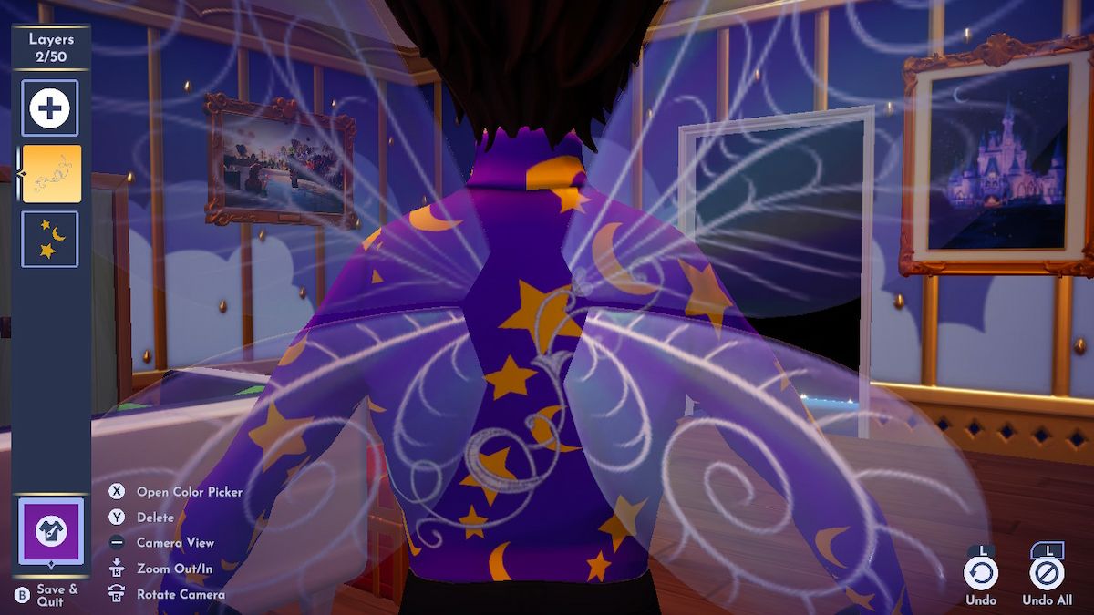 A screenshot showing the back of a fem-presening Disney Dreamlight Valley avatar wearing a purple turtleneck customized in Touch of Magic. It has large, gold moons and stars across it, and a grey flourish motif sitting under the wings they're wearing. 