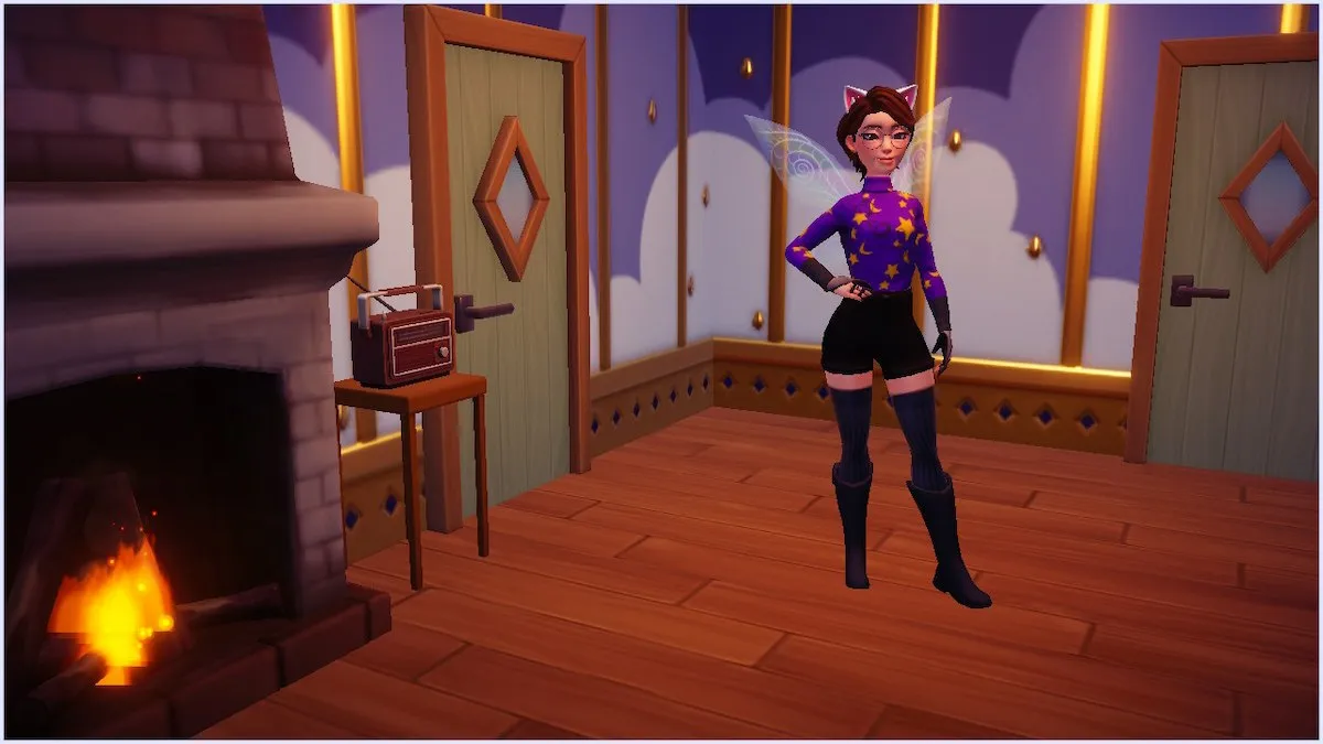 Screenshot of Disney Dreamlight Valley gameplay showing a fem-presenting avatar with short, brown hair, standing in their home near a fireplace. The avatar is wearing a custom purple turtleneck design with gold stars and black flourishes.