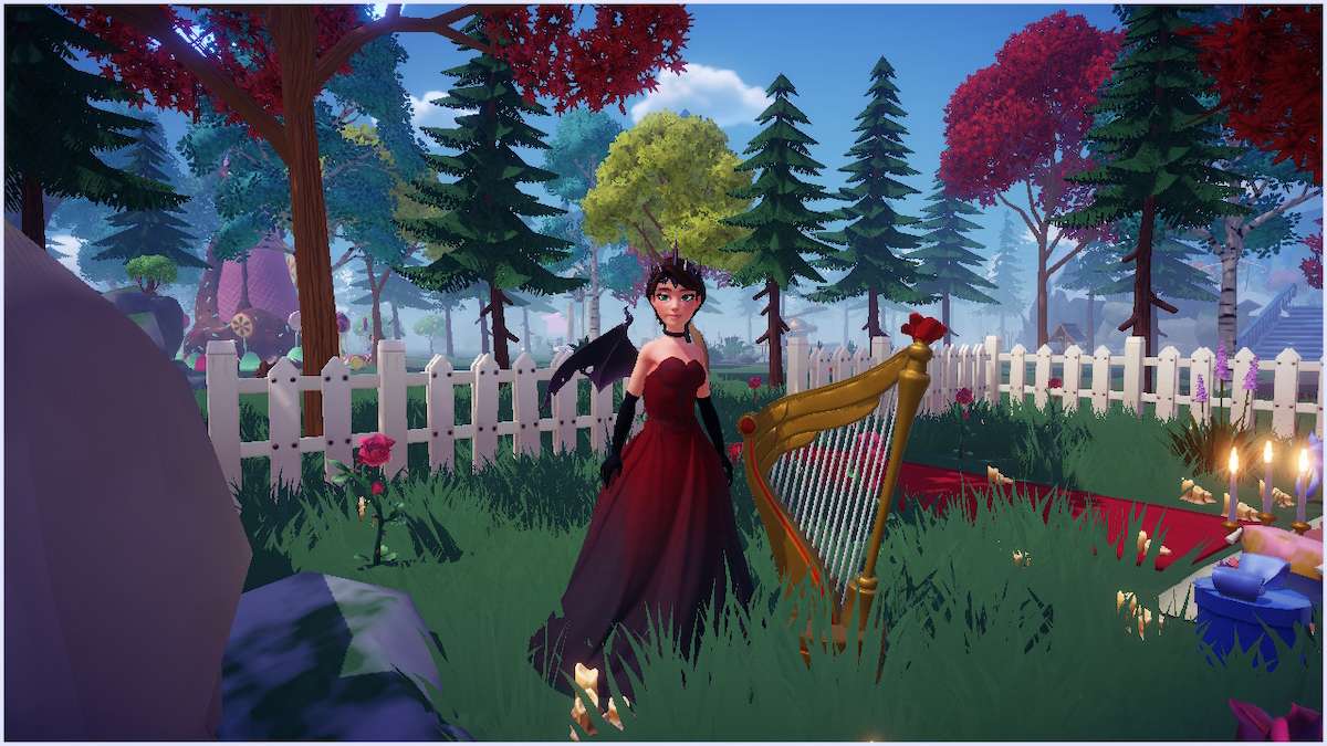 Screenshot of Disney Dreamlight Valley gameplay showing a fem-presenting avatar with short, brown hair, standing outside next to a harp, with a white, pickett fence in the background. The avatar is wearing a custom red, sleeveless dress design with black florishes on the bodice. 