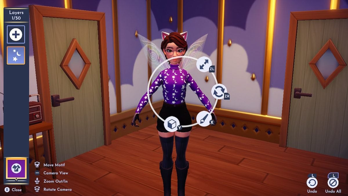 Screenshot of Disney Dreamlight Valley gameplay showing a fem-presenting avatar with short, brown hair, standing with their arms out inside a room with two green doors. They are wearing a purple turtleneck with a pattern of small moons and stars across it in white. 