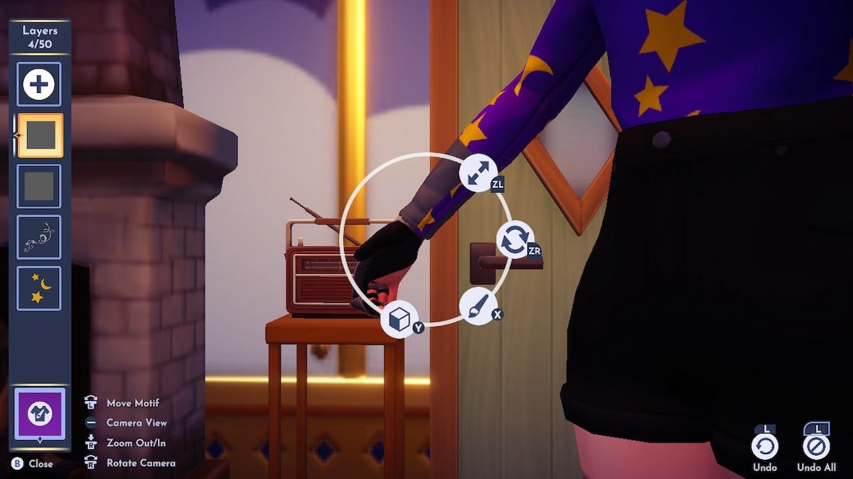 A screenshot showing a close-up of a fem-presening Disney Dreamlight Valley avatar wearing a purple turtleneck customized in Touch of Magic. It has large, gold moons and stars across it. The close-up shows the arm of the design, where a new motif hasn't fully wrapped around the wrist of the avatar, leaving a gap in the design.