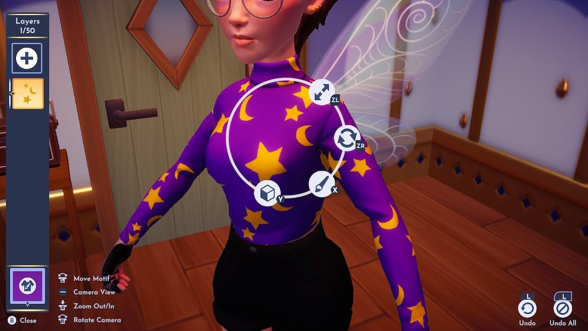 A screenshot showing a close-up of a fem-presening Disney Dreamlight Valley avatar wearing a purple turtleneck customized in Touch of Magic. It has large, gold moons and stars across it. 