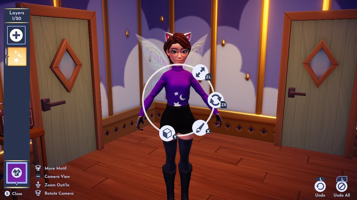 Screenshot of Disney Dreamlight Valley gameplay showing a fem-presenting avatar with short, brown hair, standing with their arms out inside a room with two green doors. They are wearing a purple turtleneck with a large stars and moon motif design.