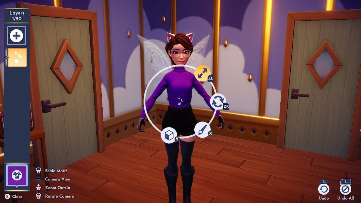 Screenshot of Disney Dreamlight Valley gameplay showing a fem-presenting avatar with short, brown hair, standing with their arms out inside a room with two green doors. They are wearing a purple turtleneck with a small stars and moon motif design.