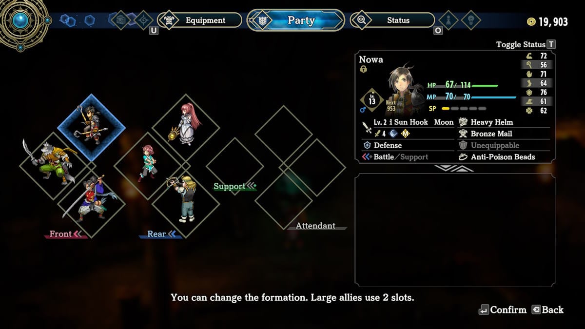 Front and back row positions being changed in the Party menu in Eiyuden Chronicle: Hundred Heroes