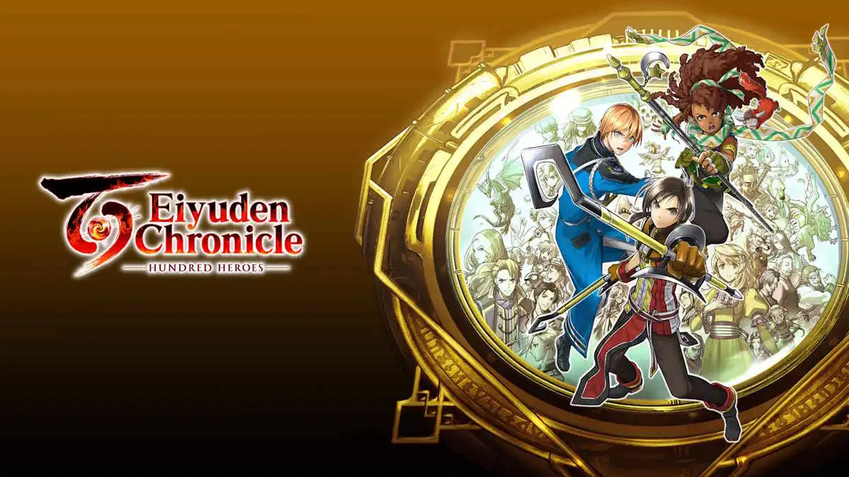 Official artwork with three heroes and logo for Eiyuden Chronicle Hundred Heroes