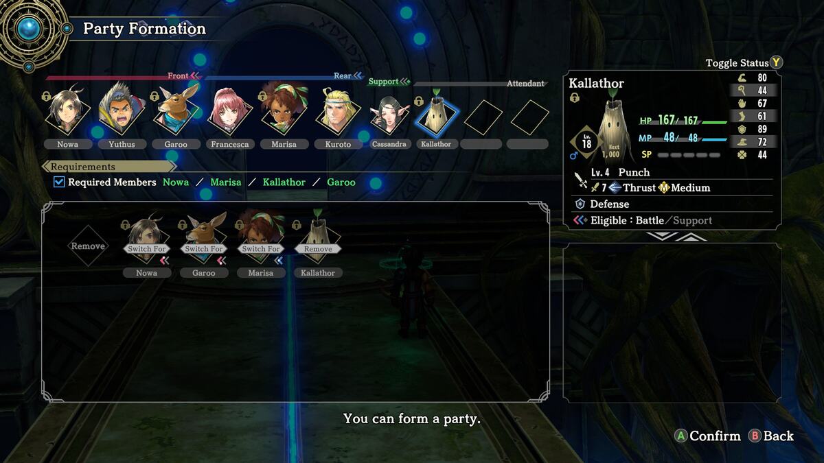 Party formation menu depicting best Proving Grounds party in Eiyuden Chronicle Hundred Heroes