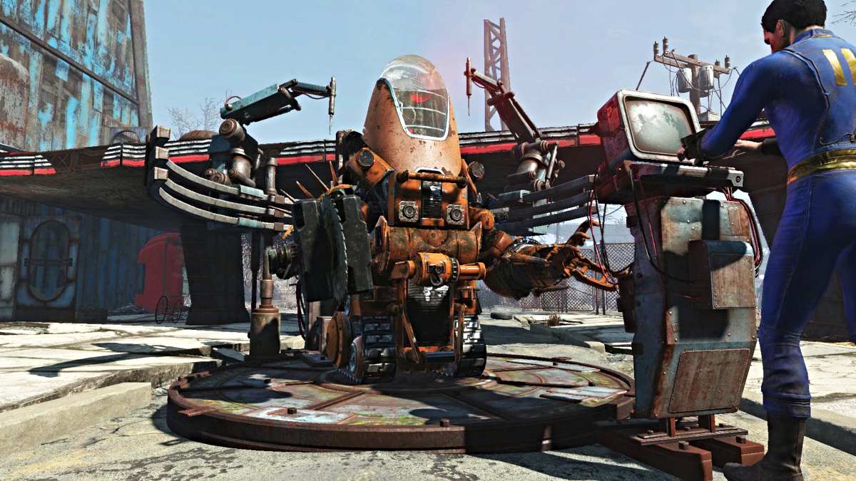 Fallout 4 the player making their own customized mechbot with the DLC