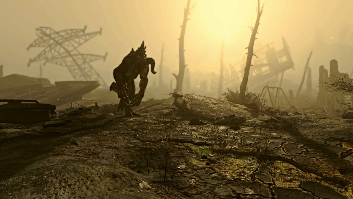 Fallout 4 a Deathclaw walking through the Smoking Sea area of the map