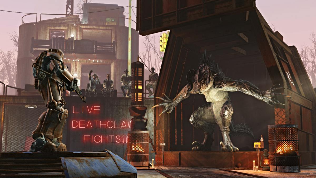 Fallout 4 a Deathclaw being released from a crafted cage to fight in an arena