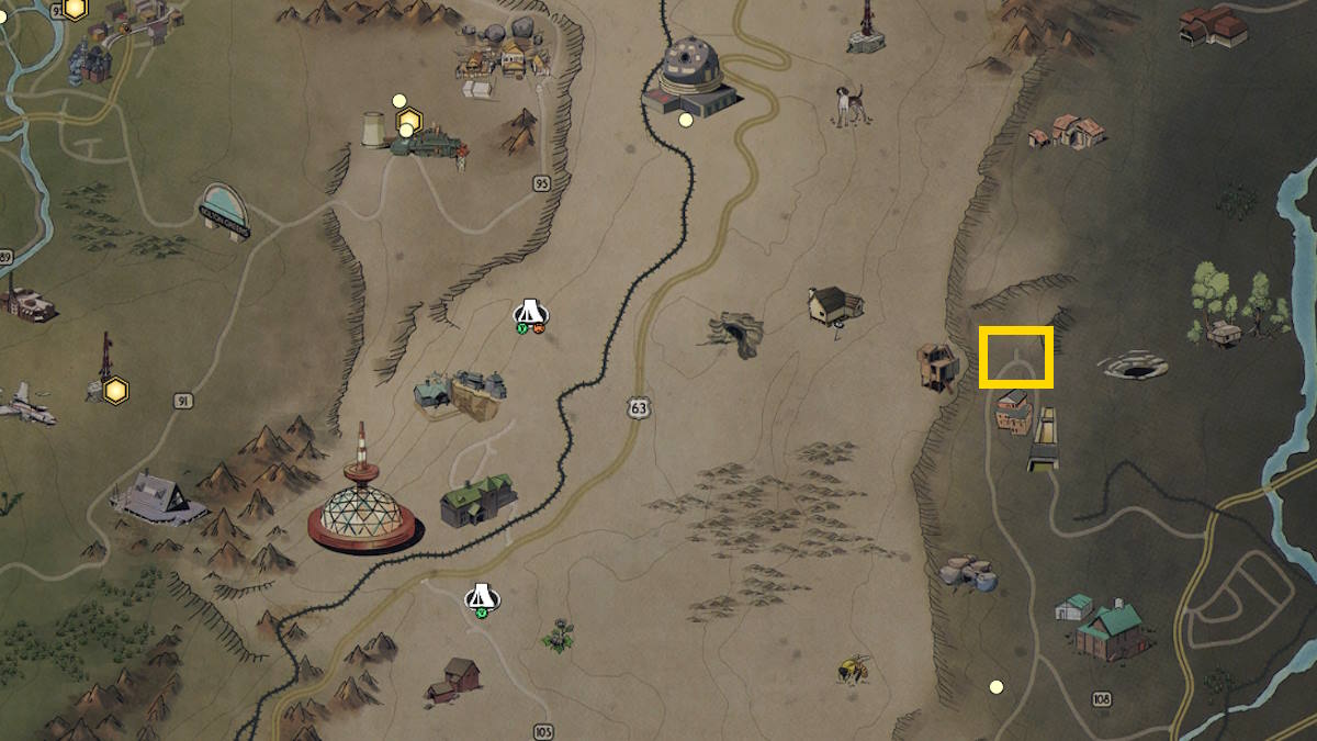 The map location of the Mythical Flatwoods Monster in Fallout 76