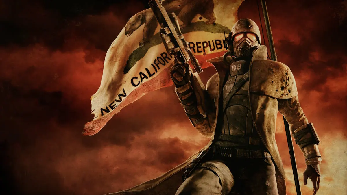 Main character holding a gun in front of the NCR flag in (Fallout New Vegas promo art)