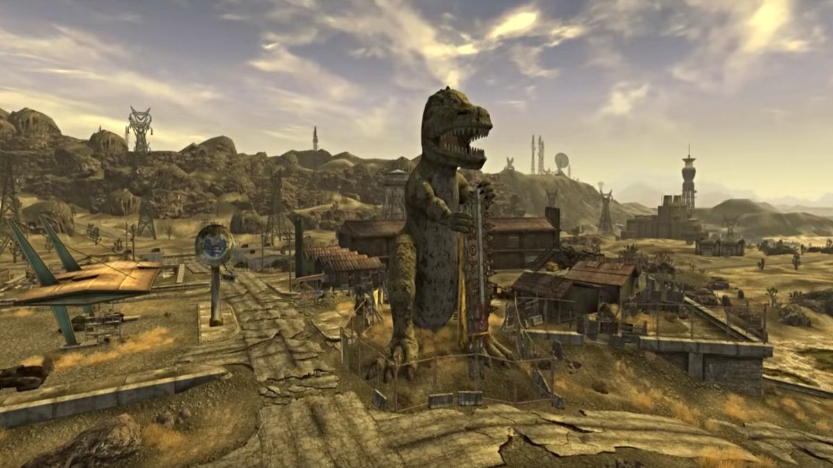 Fallout New Vegas aerial view of Novac with HELIOS One in the distance