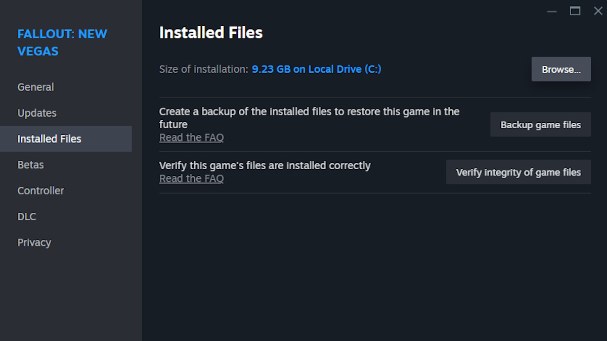 Fallout New Vegas Steam installed files menu