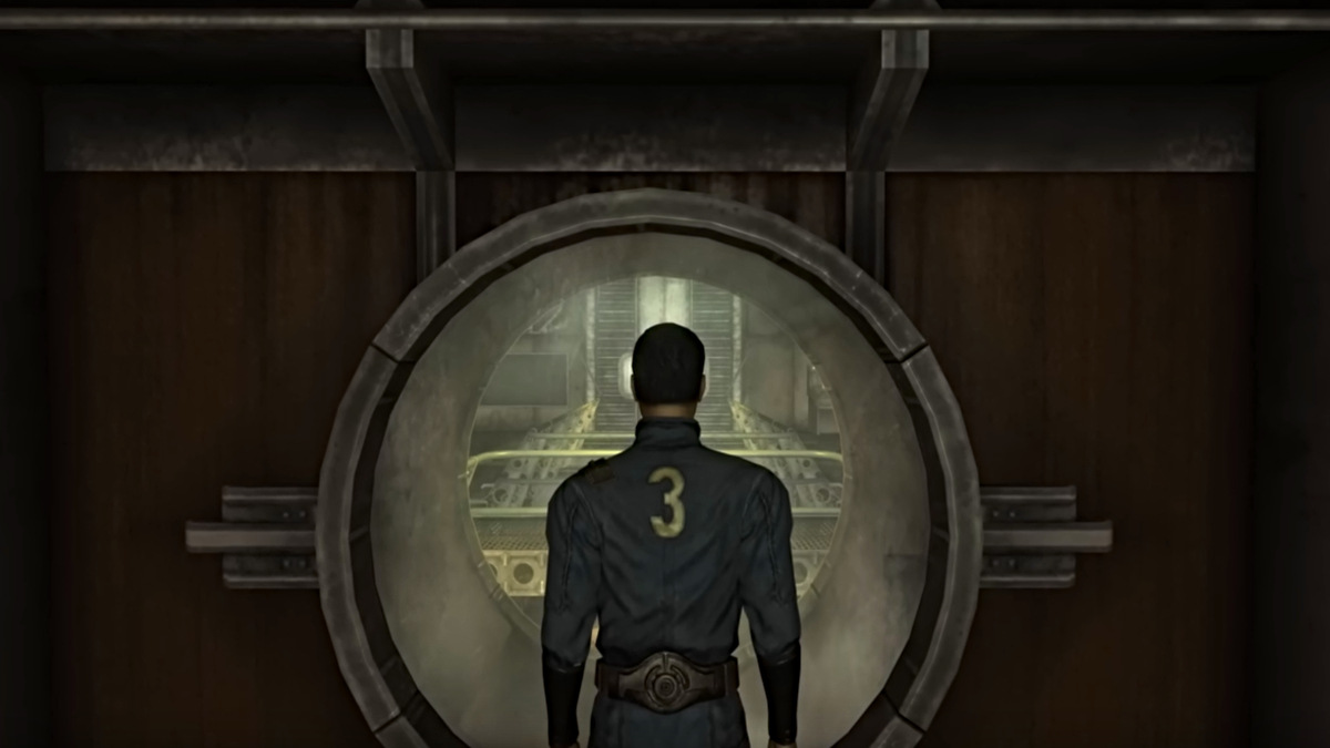Fallout New Vegas a Vault 3 resident NPC looking through the window of the Overseer's office