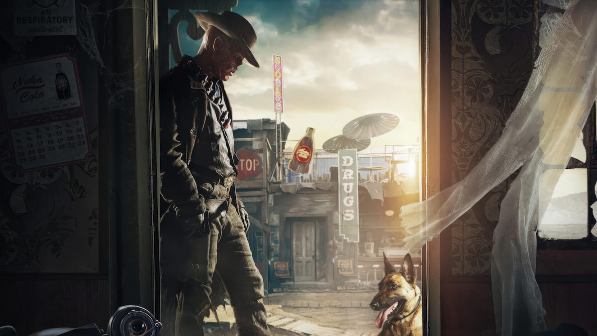 The Ghoul from Fallout TV show looking at his dog in a post-apocalyptic town