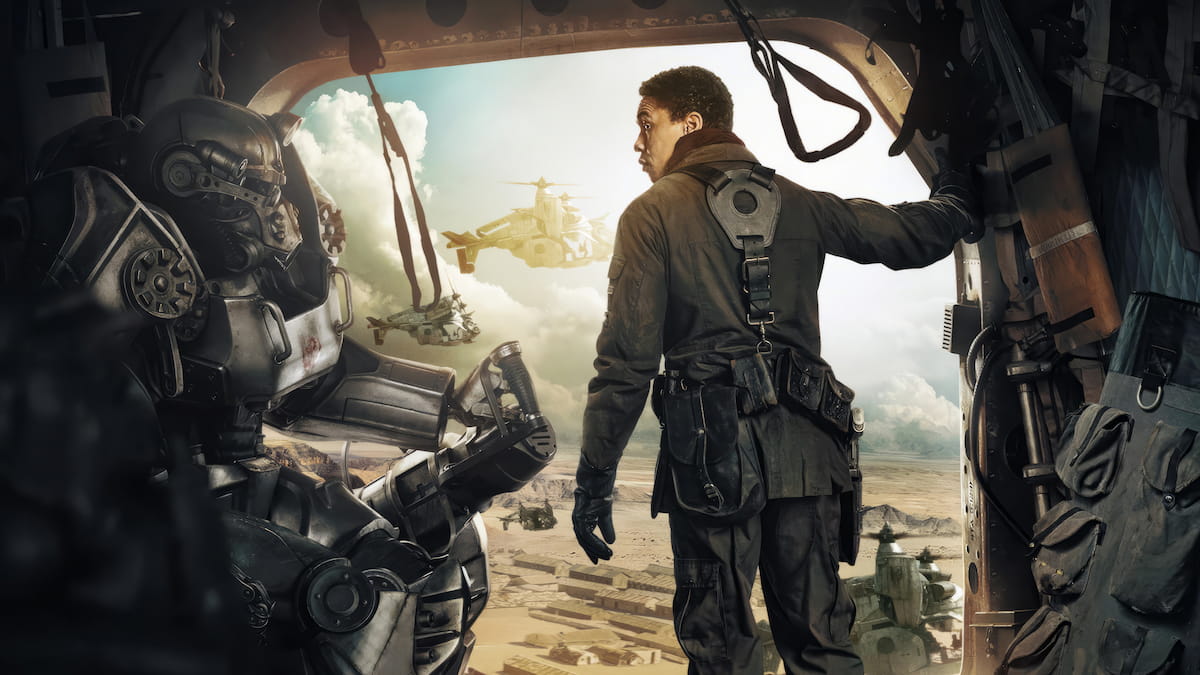 Fallout’s knight in power armor and Maximus fly in helicopter