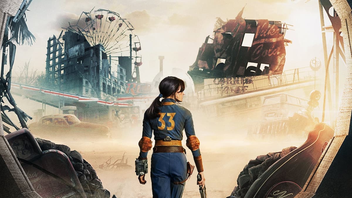 Fallout TV show Lucy poster with images of ruined buildings