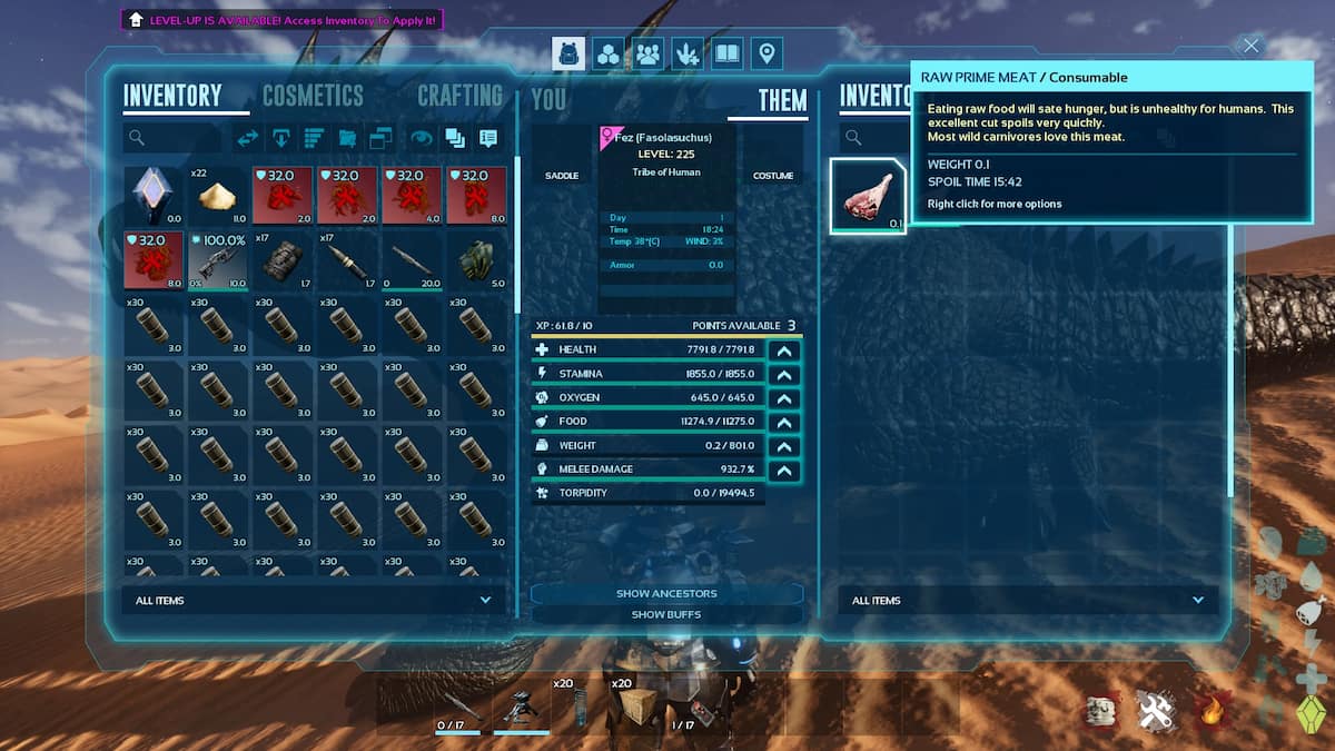 Fasolasuchus inventory with two Prime Raw Meat pieces in ARK Scorched Earth Ascended