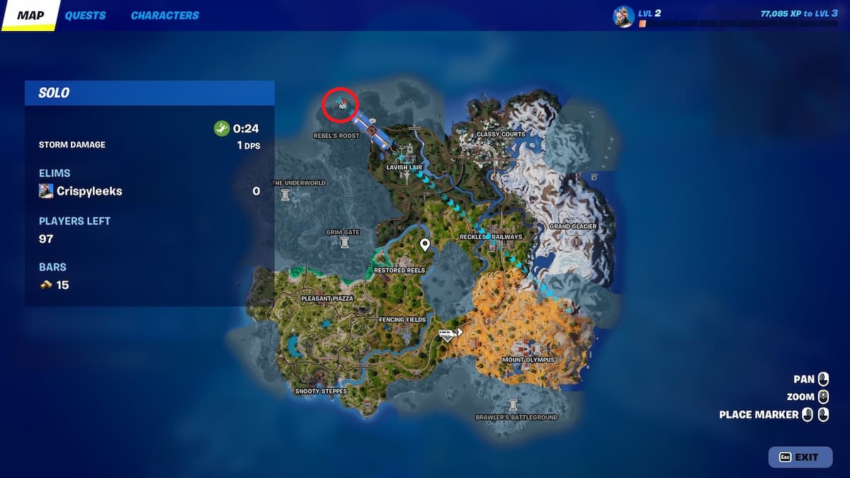 fire scroll icon on Fortnite's map circled in red