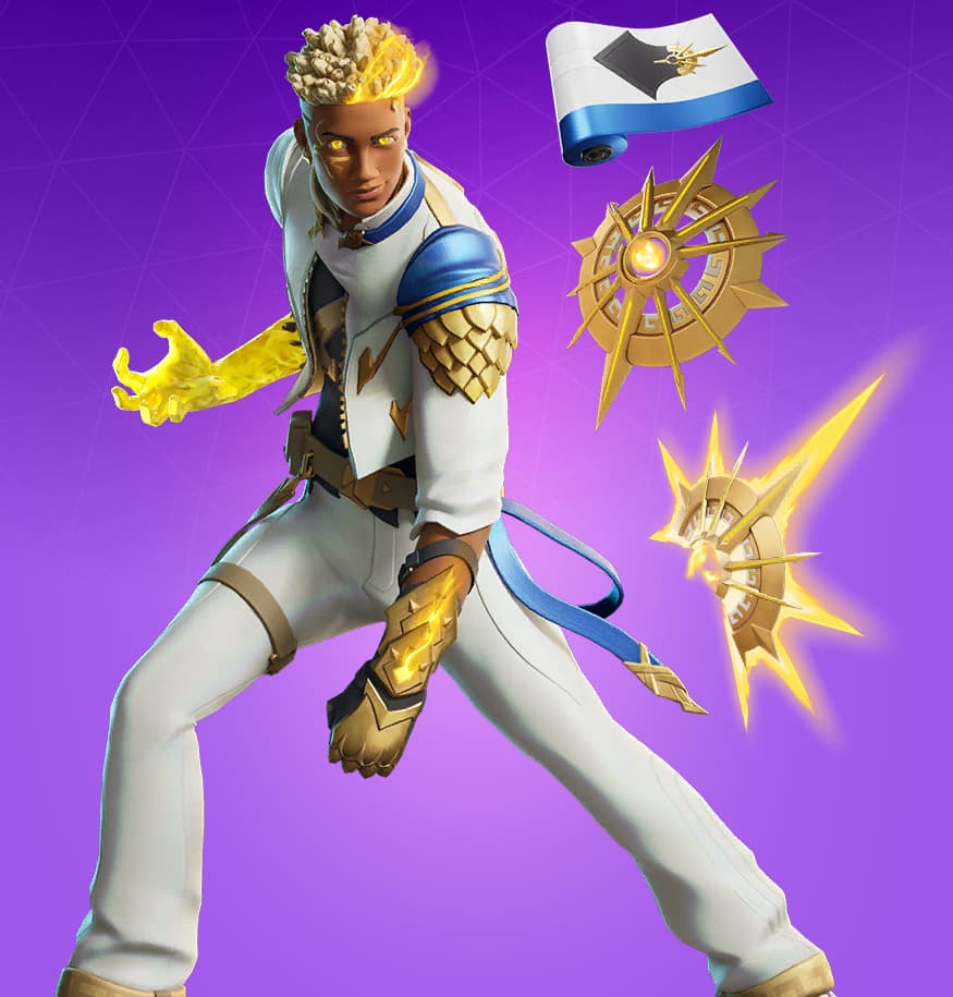 Image containing Fornite Apollo skin, Apollo's Sunrise backpack and pickaxe, and Eternal Rays wrap