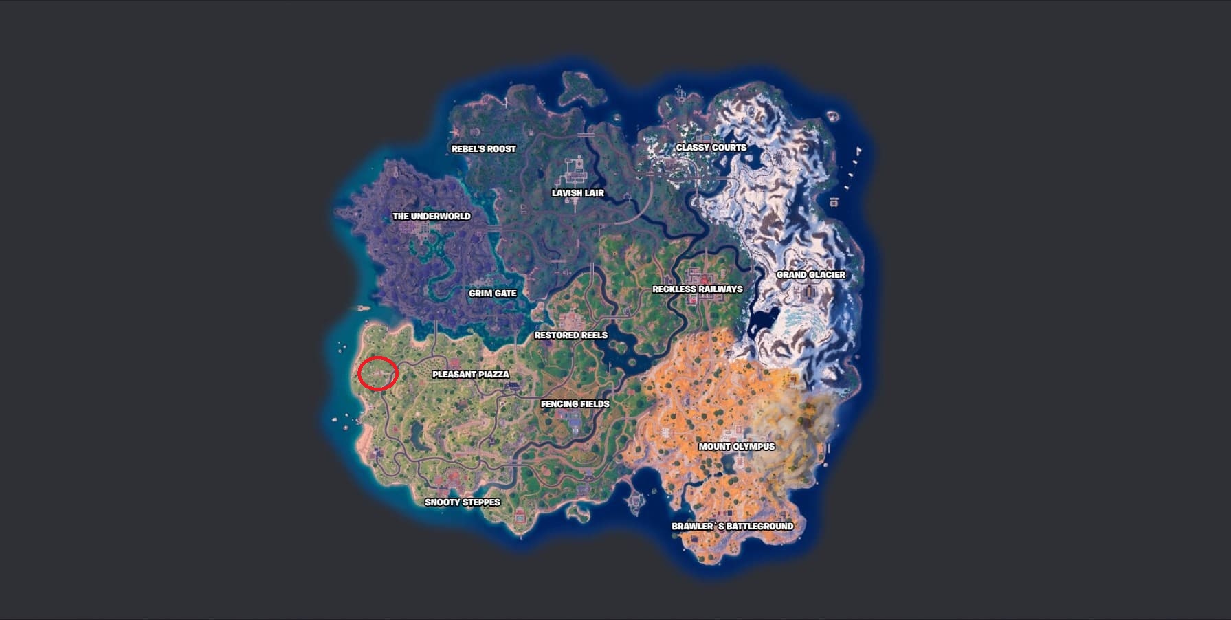 Coastal columns location circled in red on Fortnite's map