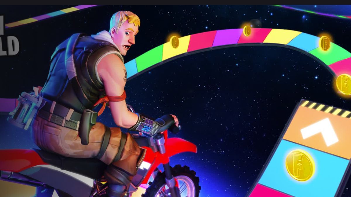 Character driving a bike on an obby deathrun map in Fortnite