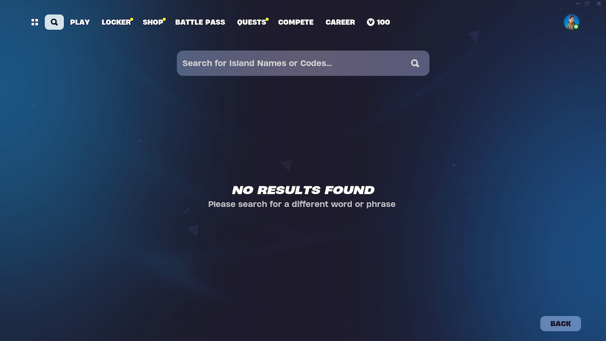 Fortnite menu for searching islands