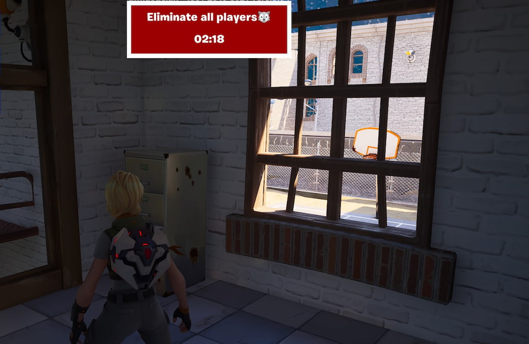 Fortnite Murder Mystery Werewolf player in abandoned school looking through the window