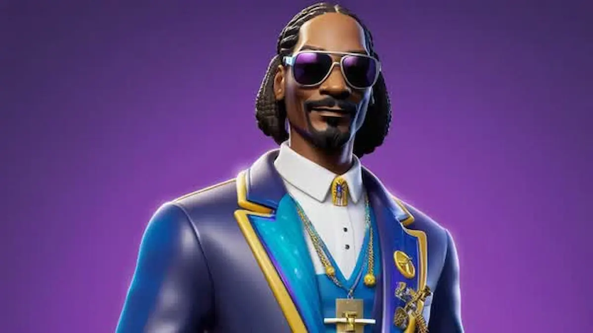 Animated Snoop Dogg standing in front of a purple background with his hair down in Fortnite.