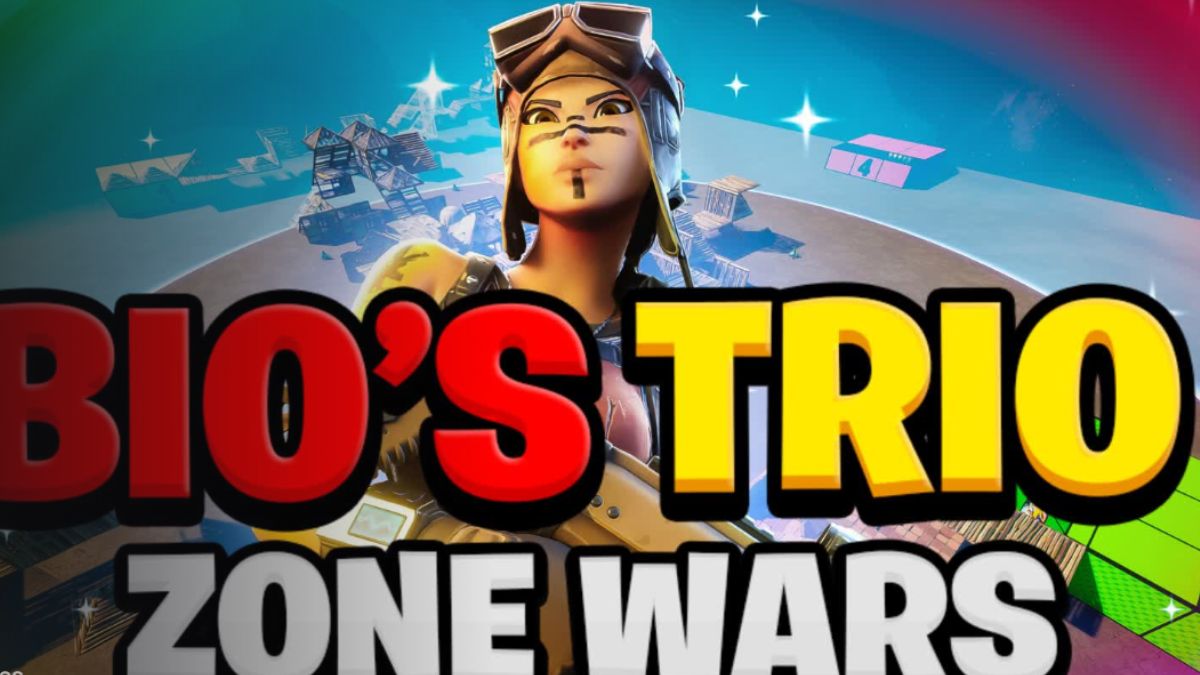 Bio's Trio Zone Wars logo with a female character in the back in Fortnite