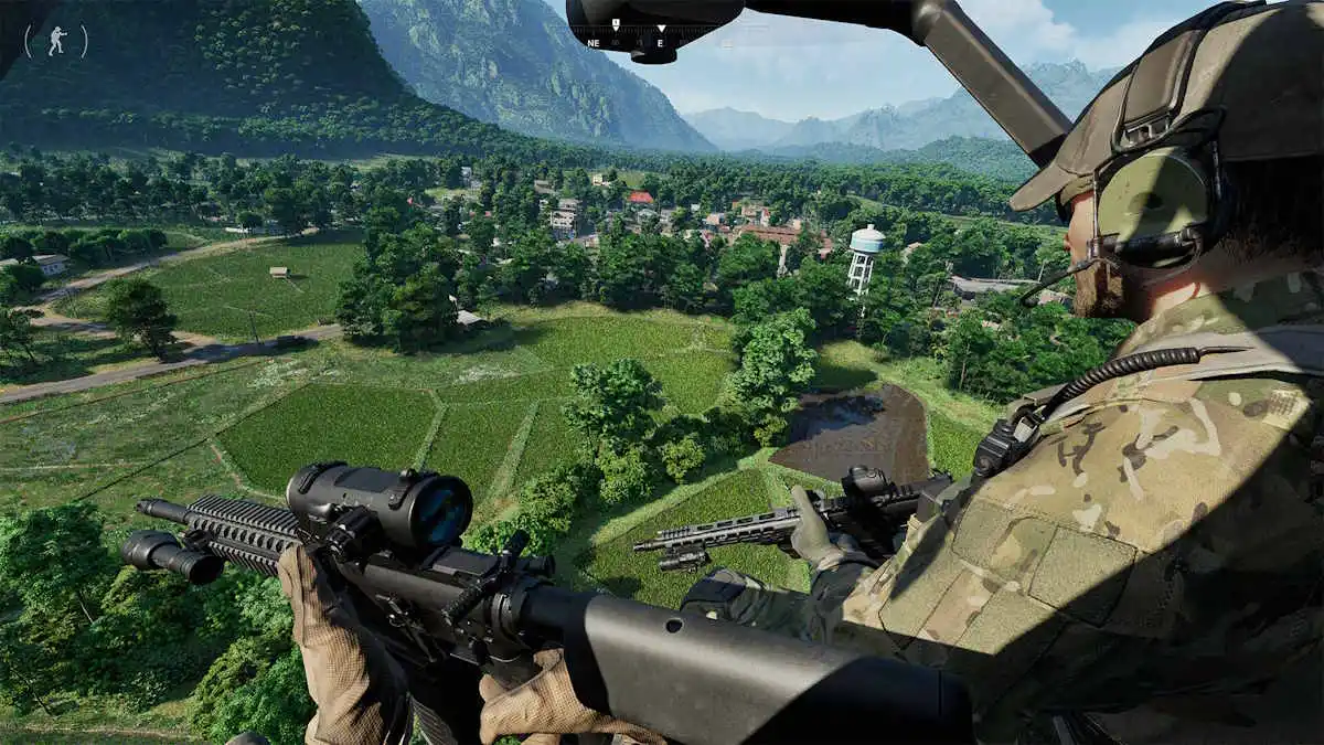 View from chopper overlooking lush landscape in Gray Zone Warfare