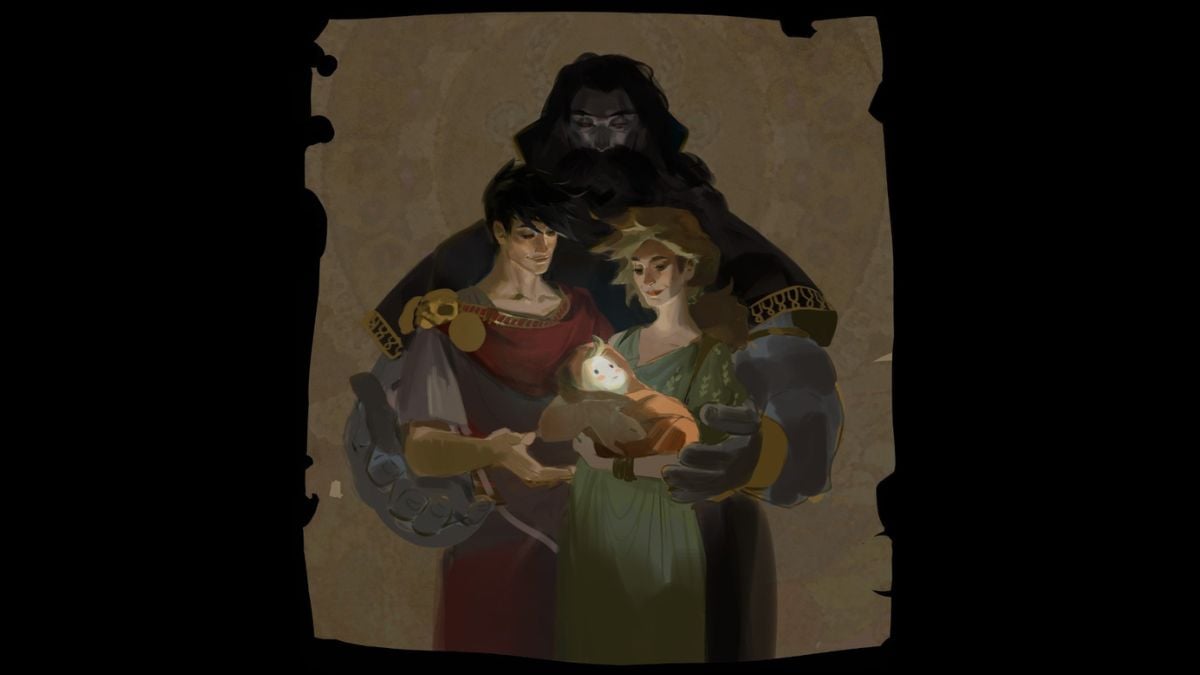 Hades 2 family photo (from left to right: Zagreus, Hades, and Persephone holding a baby Melinoe)