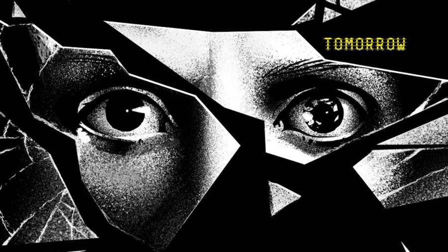 Selene's black and white eyes reflecting shattered glass with the word tomorrow written next to it in yellow (Returnal)