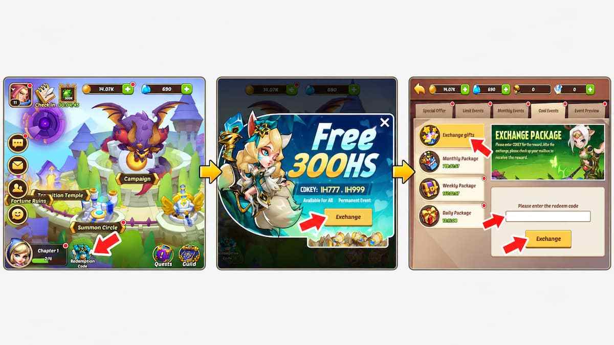 Idle Heroes code redemption guide showing the Redemption Code button, Exchange prompt, and Exchange Gifts menu with arrows highlighting each step.
