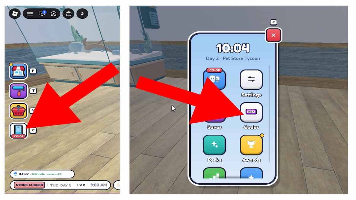 Arrows pointing to the Phone and Codes buttons in Pet Store Tycoon