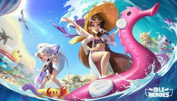 Idle Heroes game artwork showing several fantasy heroes enjoying a colorful beach party, with the Idle Heroes logo in the bottom-right corner.