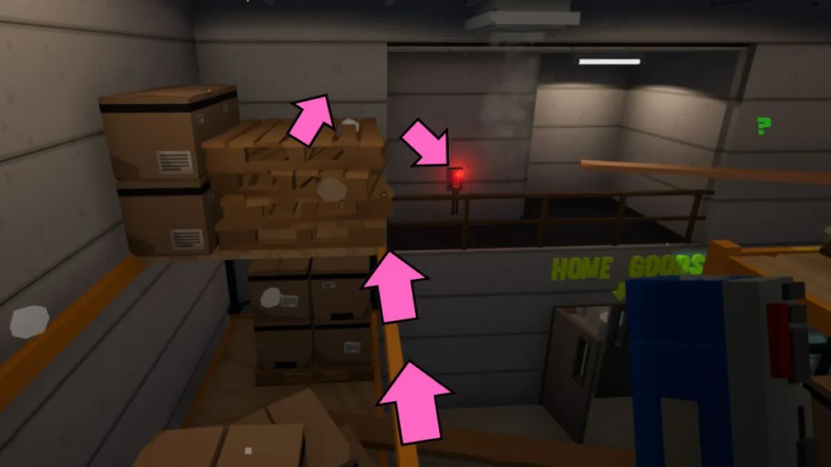 Climb the rails and pallet to complete the warehouse Circuit Breaker in Kill It With Fire 2