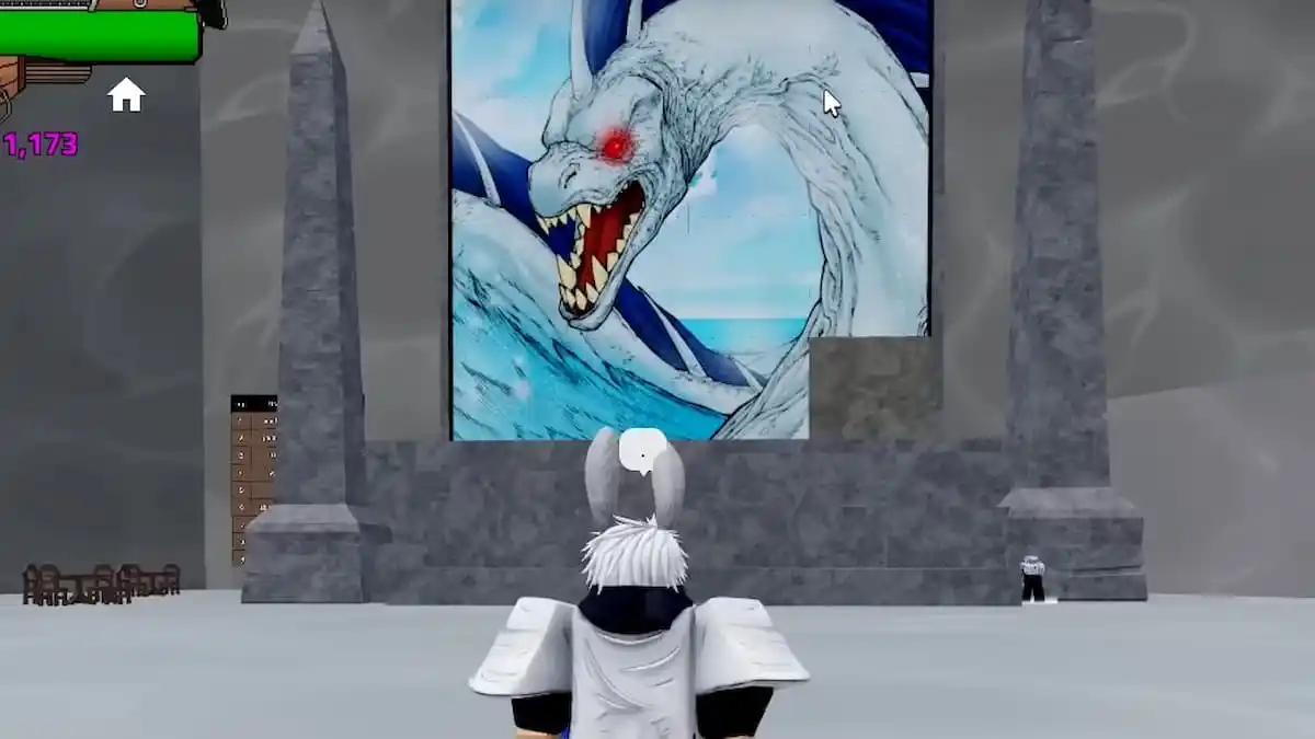 Roblox character standing in front of the Sea Beast puzzle in King Legacy