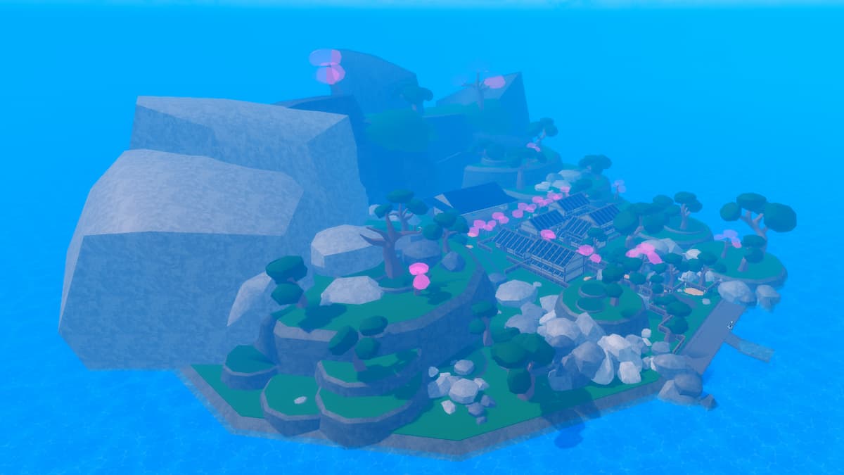 Overview of One Sword Style island with village and large stone mountains