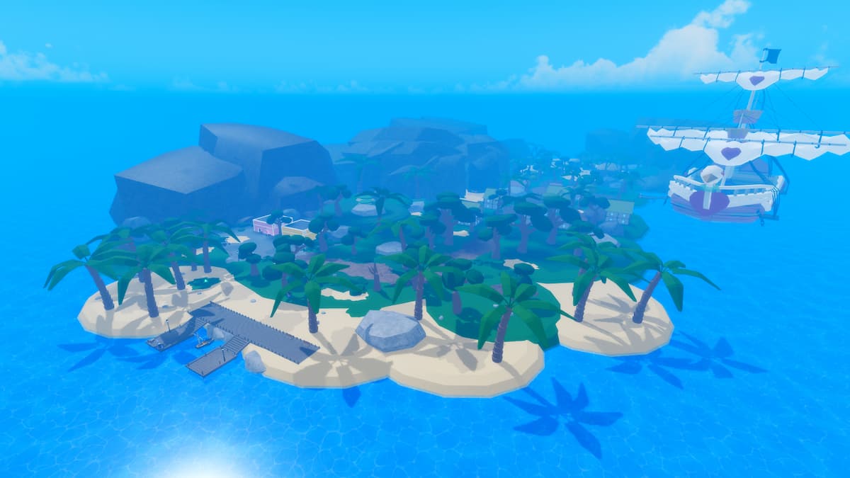 Overview of Alvida Island with a huge pirate ship docked