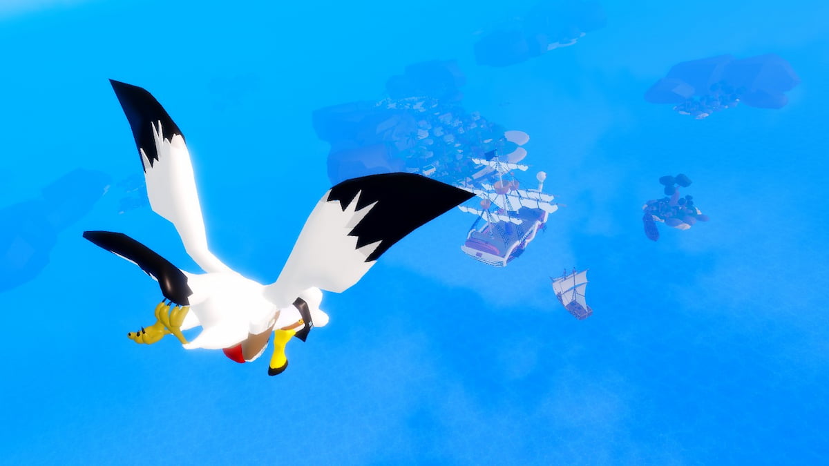 Seagull flying over an island with a docked pirate ship in Legacy Piece
