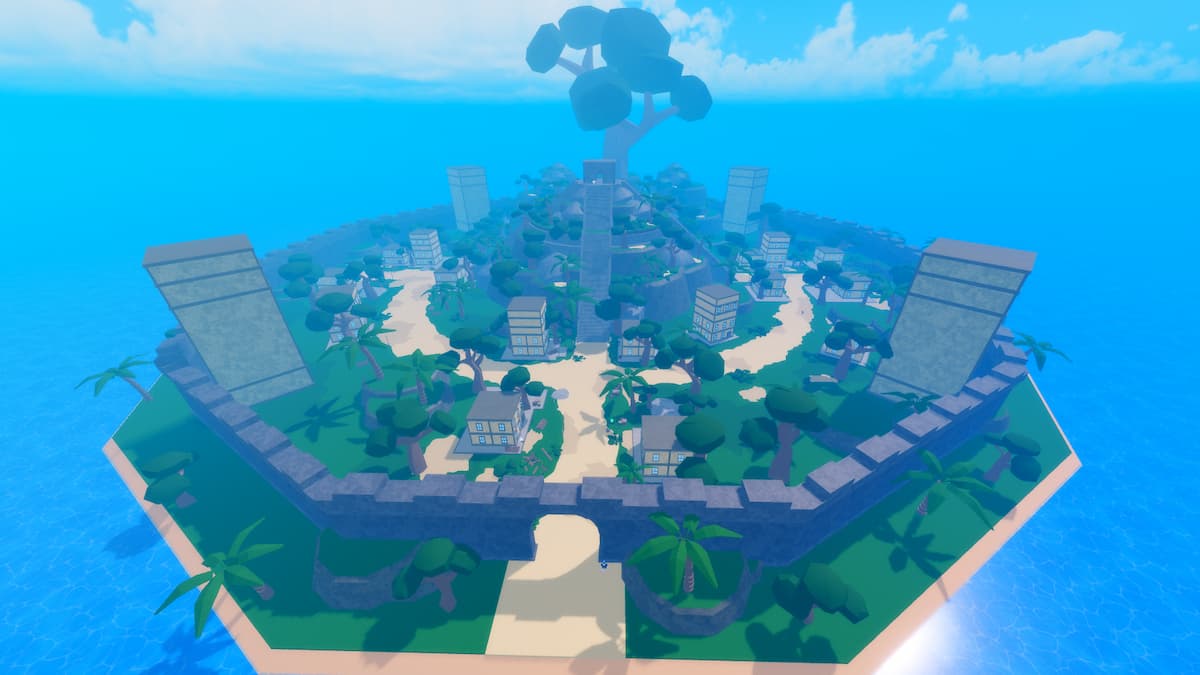 Ciudad fortificada en una isla con un templo y un gran árbol en el centro