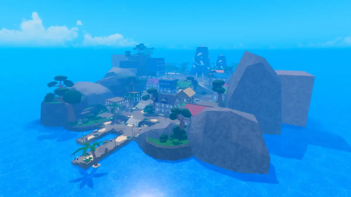 Overview of Shells Town hidden in the center of mountain island