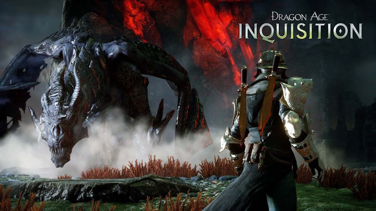 Official publicity shot for Dragon Age Inquisition, with knight with dragon