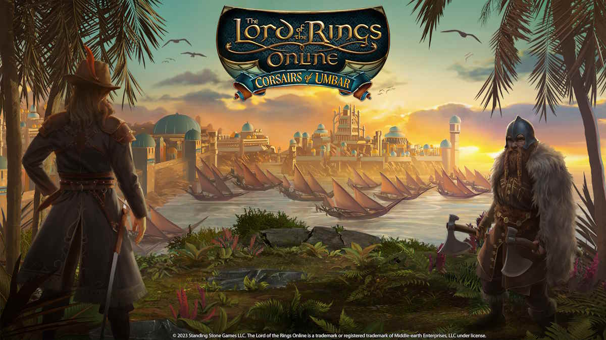 Official Corsairs of Umbar press image for Lord of the rings online, with  ships in the bay