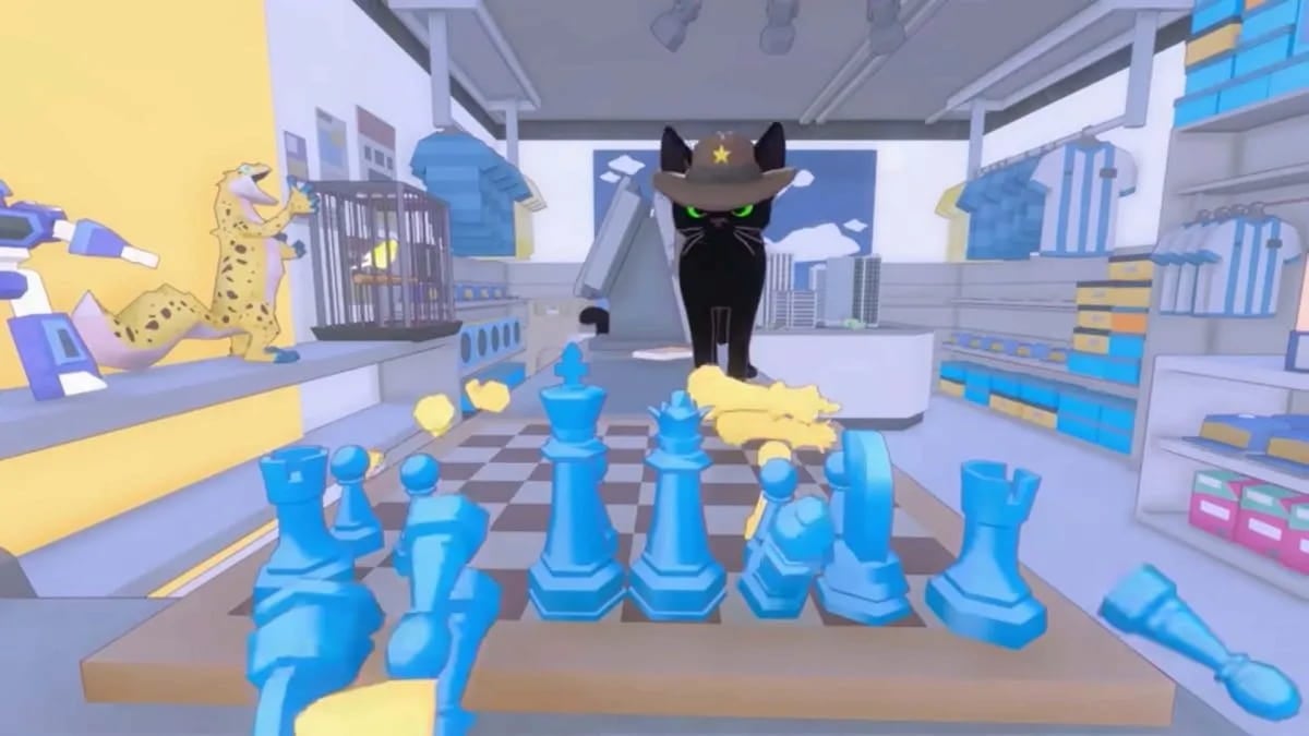 Screenshot from the official Little Kitty, Big City release date trailer. A black cat wearing a Sheriff's ha stares down the camera after swiping chess pieces off a board. Several pieces are missing or knocked over, a blue pawn is stuck in mid-air, still falling from the table.